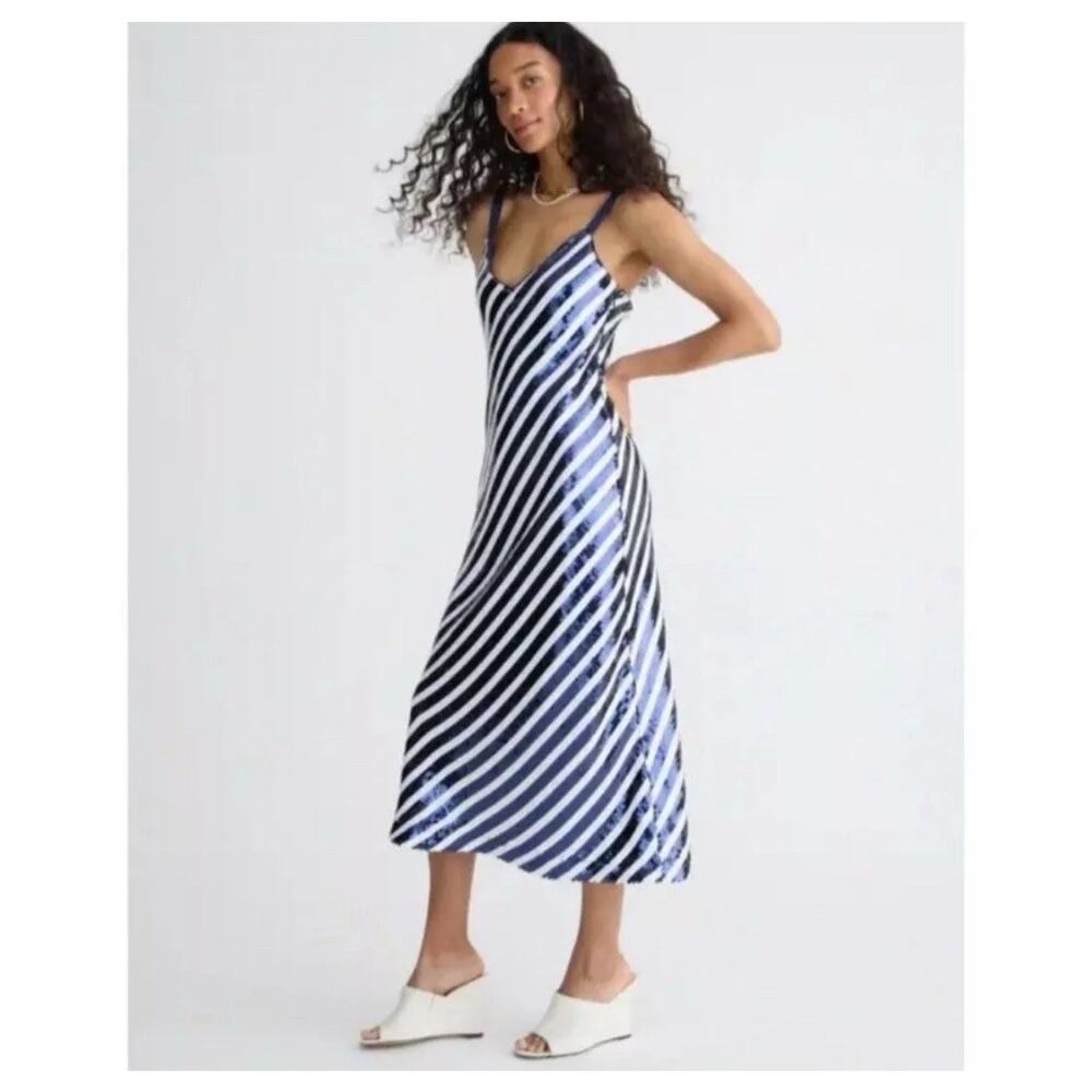 J.Crew Collection Gwyneth V Neck Slip Dress in Sequin Stripe Navy, White 6